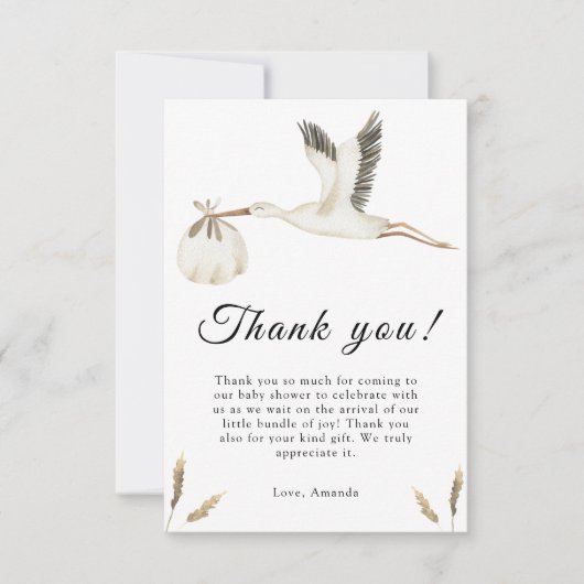 水彩コウノトリ赤ちゃんシャワーサンキューカード サンキューカード (正面)
