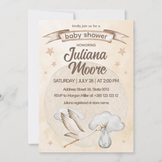 水彩コウノトリ赤ちゃんシャワー 招待状 (正面)