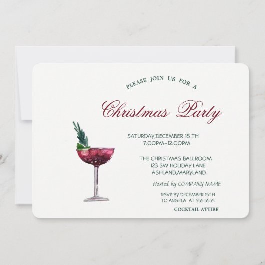 水彩コックテールレッドクリスマス企業パーティー 招待状 (正面)