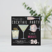 水彩コックテール 誕生日パーティー 黒 招待状 (スタンド正面)