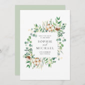 水彩コットンとユーカリの葉緑草 セーブザデート (正面/裏面)