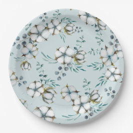 水彩コットンフラワーとユーカリ ペーパープレート