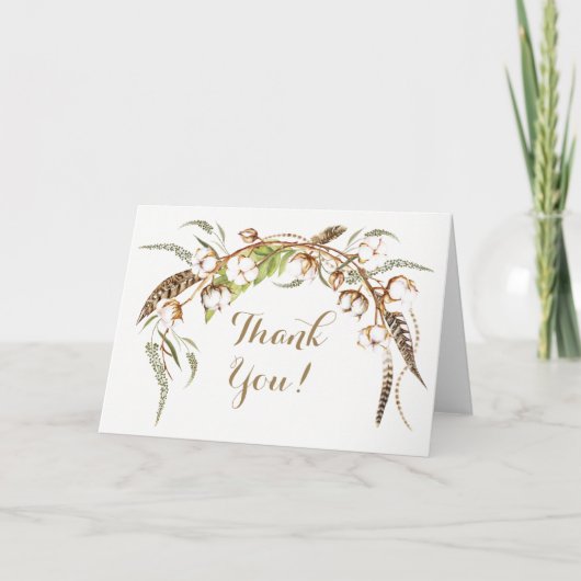 水彩コットンリース フェザー 結婚式 お礼カード サンキューカード (正面)