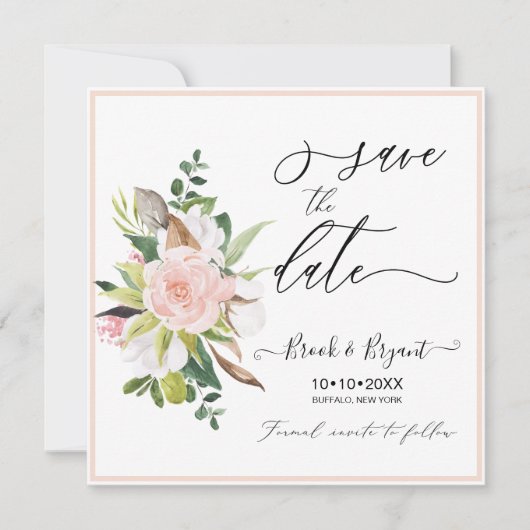 水彩コットン ブラッシュ ローズ Save the Date 招待状 (正面)