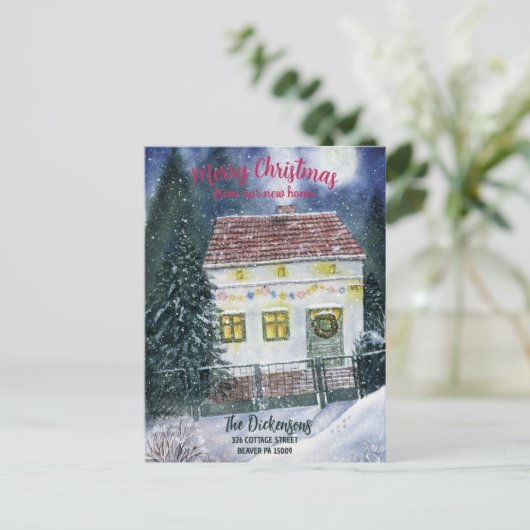 水彩コテージクリスマスムービングアナウンス ポストカード (スタンド正面)