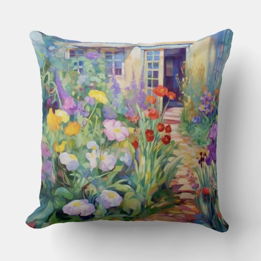 水彩コテージ庭園 – 花が咲き誇る クッション (正面)