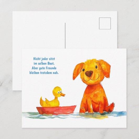 水彩コミック犬がボートのウサギを眺める シーズンポストカード (正面/裏面)
