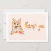 水彩コルギアンドピーチフラワーズ誕生日 サンキューカード (正面)