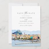 水彩コルフー、ギリシャ、ケルキュラ、Save the Date 招待状 (正面)