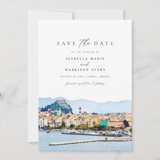 水彩コルフー、ギリシャ、ケルキュラ、Save the Date 招待状 (正面)