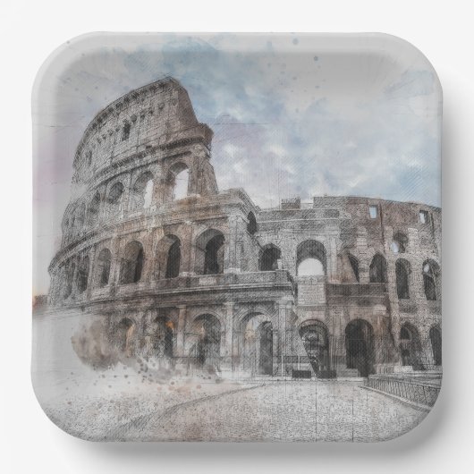 水彩コロッセオ ローマ イタリア 紙皿 アート (正面)