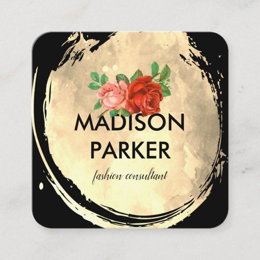 水彩コンテンポラリー金ゴールドブラシバラ スクエア名刺 (正面)