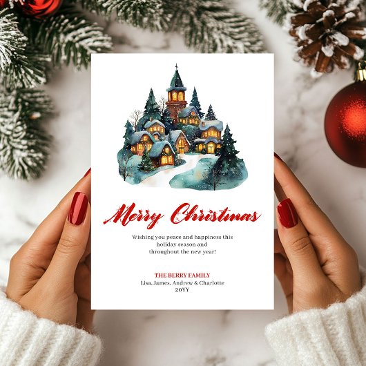 水彩コージーなホリデーシーンのグリーティングカード シーズンカード