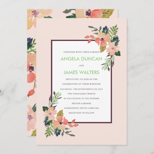 水彩コーナーフラワーズ結婚式招待状 招待状 (正面/裏面)