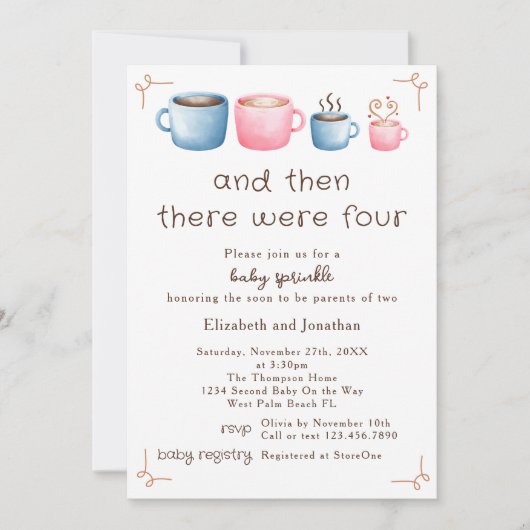 水彩コーヒーをテーマとしたかわいい第2ベビー散水 招待状 (正面)