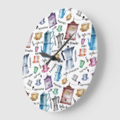 水彩コーヒーエスプレッソカップ、マグポットパターン ラージ壁時計 (傾斜)