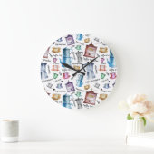 水彩コーヒーエスプレッソカップ、マグポットパターン ラージ壁時計 (ホーム)