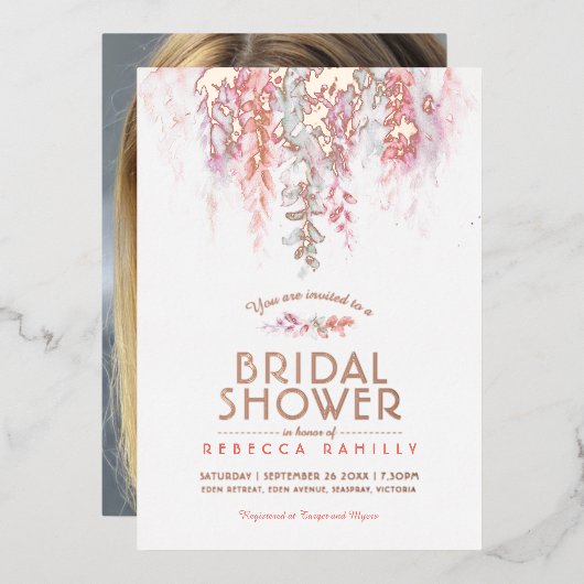 水彩コーラルグリーン金ゴールドブライダルシャワー写真 箔招待状 (正面/裏面)