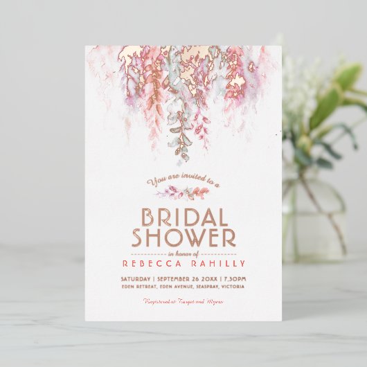 水彩コーラルグリーン金ゴールドブライダルシャワー写真 箔招待状 (立ち正面)