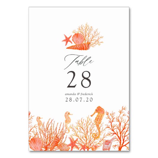 水彩コーラルビーチウェディング テーブルナンバー (正面)