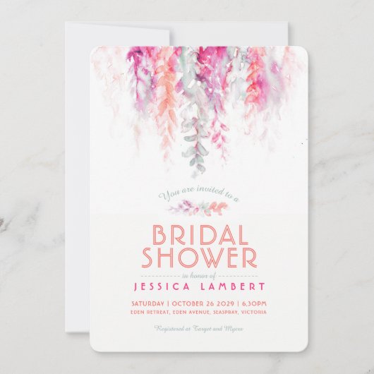 水彩コーラルピンクのセージ緑のブライダルシャワー 招待状 (正面)