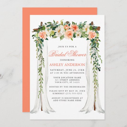 水彩コーラルフローラキャノピーブライダルシャワー 招待状 (正面/裏面)