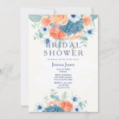 水彩コーラルブルー素朴フローラブライダルシャワー 招待状 (正面)
