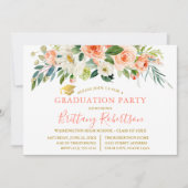 水彩コーラルホワイトフラワーローズゴールドの卒業パーティー 招待状 (正面)