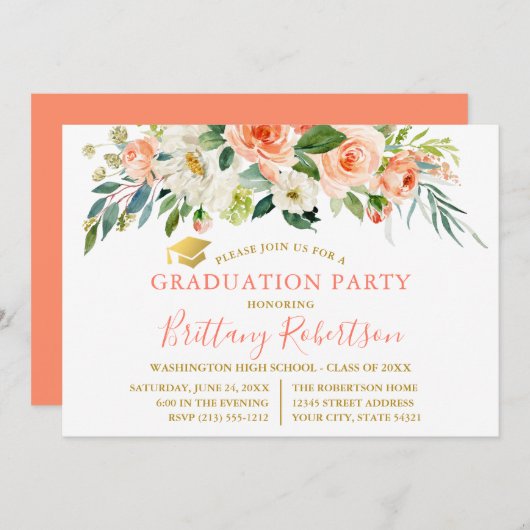 水彩コーラルホワイトフローラ金ゴールドグラードパーティー 招待状 (正面/裏面)