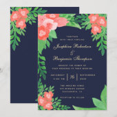 水彩コーラル＆グリーンフラワーのネイビーブルーウェディング 招待状 (正面/裏面)