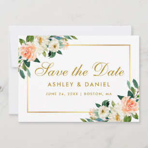 水彩コーラル フラワー セーブ・ザ・デート ゴールド カード