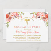 水彩コーラル フラワー メディカル 卒業パーティー 招待状 (正面)