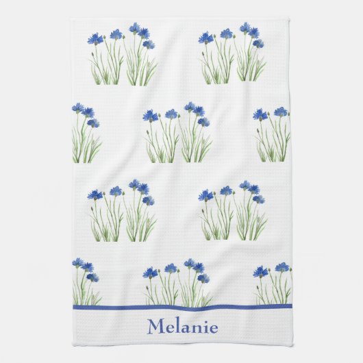水彩コーンフラワーズフローラブルーフラワー素朴 キッチンタオル (縦)