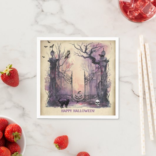 水彩ゴシック様式のゲート入り口ハローウィンパーティ スタンダードカクテルナプキン (インサイチュ)