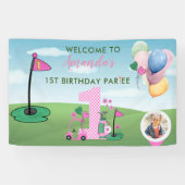 水彩ゴルフピンクフォトガール1st誕生日パーティー 横断幕 (横)