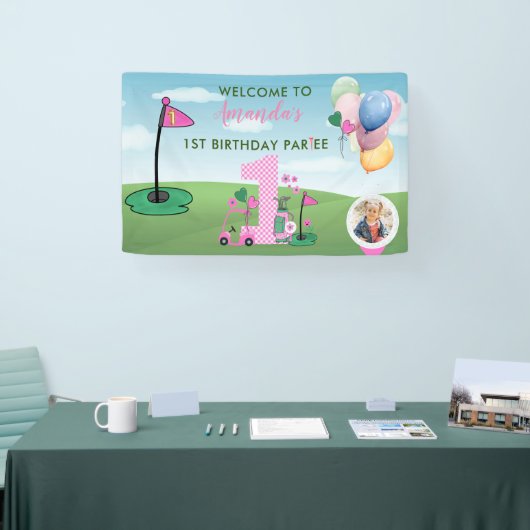 水彩ゴルフピンクフォトガール1st誕生日パーティー 横断幕 (トレードショー)