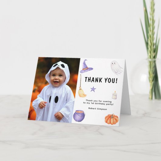 水彩ゴーストの子供の1歳の誕生日パーティー サンキューカード (正面)
