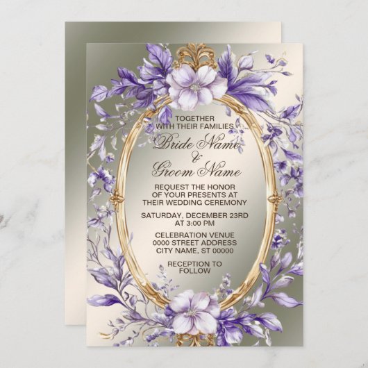 水彩ゴールデンフレームパープルフラワー結婚ズ 招待状 (正面/裏面)