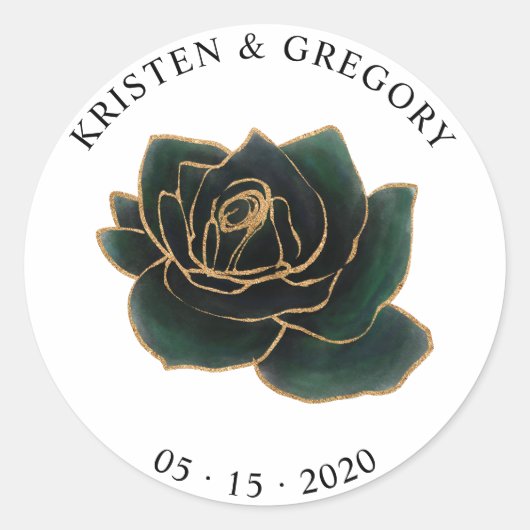 水彩ゴールドとグリーンのバラ モノグラム ステッカー (正面)