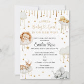 水彩ゴールドの星と赤ちゃん動物のベビーガール 招待状 (正面)