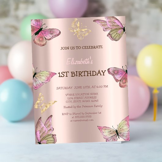 水彩ゴールドの蝶々 ローズゴールドの誕生日 招待状