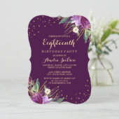 水彩ゴールド パープル フラワー 18歳の誕生日 招待状 (スタンド正面)