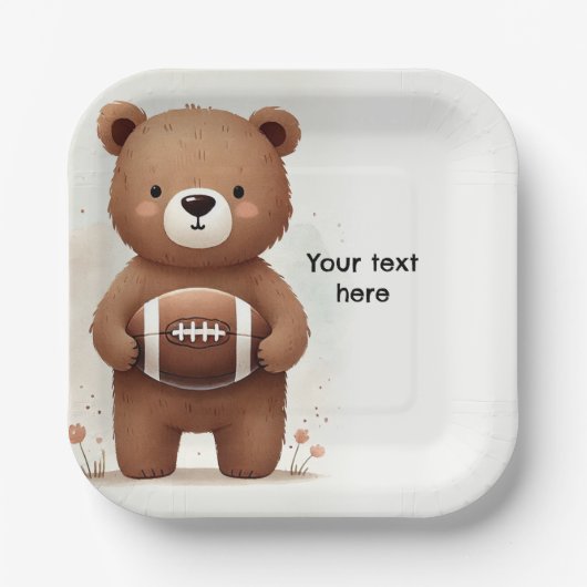 水彩サッカーテディベア1st誕生日パーティー ペーパープレート (正面)