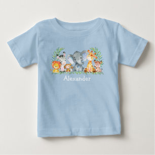 水彩サファリの赤ちゃん動物青 ベビーTシャツ