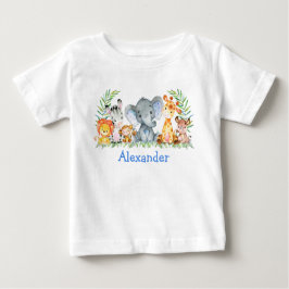 水彩サファリの赤ちゃん動物 ブルーゾウ ベビーTシャツ
