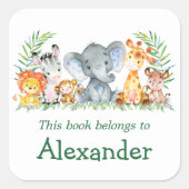 水彩サファリアニマルズグリーン蔵書票ラベル スクエアシール (正面)