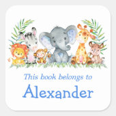水彩サファリアニマルズブルー蔵書票ラベル スクエアシール (正面)