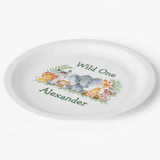 水彩サファリアニマルズワイルドワン誕生日 ペーパープレート (アングル)