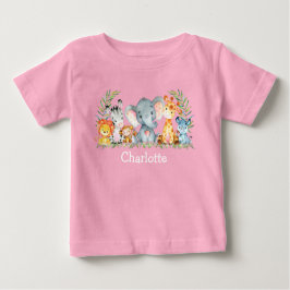 水彩サファリジャングルかわいい赤ちゃん動物ピンク ベビーTシャツ