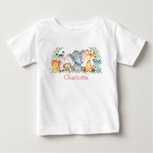 水彩サファリジャングルかわいい赤ちゃん動物 ベビーTシャツ